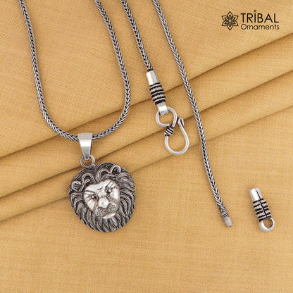 925 sterling silver lion face pendant with chain, tribal jewelry, detailed tribal ornaments design, NSP1057