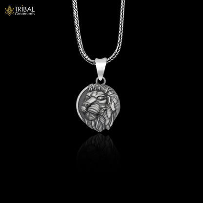 Sterling silver lion head pendant with chain, tribal jewelry design, crafted by Tribal Ornaments.