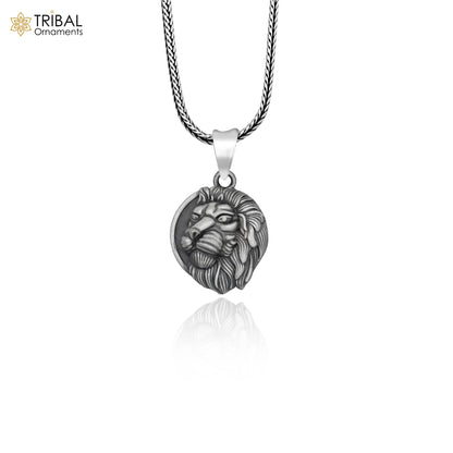 925 sterling silver lion head pendant with chain, tribal jewelry featuring intricate tribal ornament design.