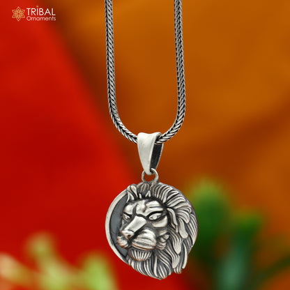 Sterling silver lion head pendant with chain, tribal jewelry by TRIBAL ORNAMENTS, showcasing detailed tribal tribal design.