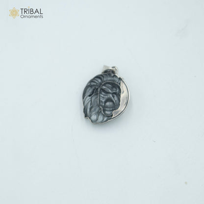 925 sterling silver lion head pendant with chain, tribal jewelry by TRIBAL ORNAMENTS, featuring detailed tribal design.