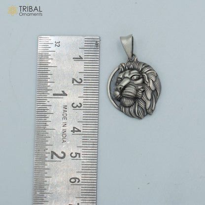 925 sterling silver lion head pendant with chain, tribal jewelry by TRIBAL ORNAMENTS, featuring detailed tribal-inspired design and craftsmanship.