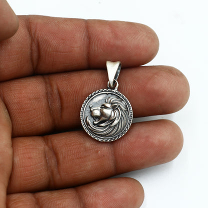 925 sterling silver lion head pendant with chain, tribal jewelry featuring detailed tribal ornament design.