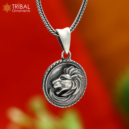 925 sterling silver lion head pendant with chain, tribal jewelry design, detailed tribal ornaments style, stylish tribal jewelry piece