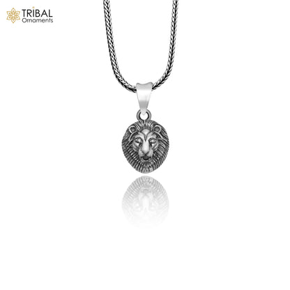 Sterling silver Lion King pendant with chain, tribal jewelry design, intricate tribal ornaments in a detailed tribal ornament image.