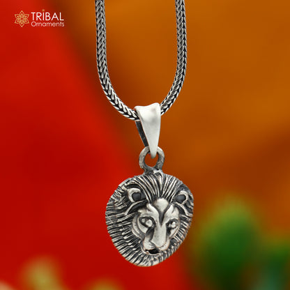 Sterling silver Lion King pendant with chain, tribal jewelry design, featuring detailed tribal motifs and craftsmanship.