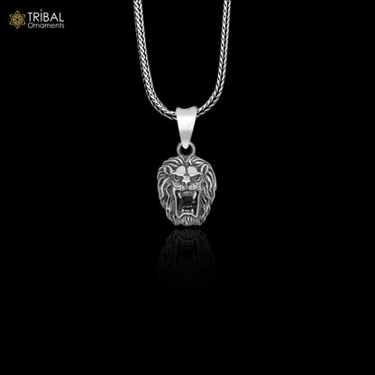 925 sterling silver Lion King pendant with chain, tribal jewelry featuring detailed lion design and intricate tribal accents.