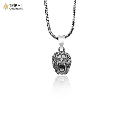 Sterling silver Lion King pendant with chain, tribal jewelry design, detailed lion head motif, from TRIBAL ORNAMENTS.