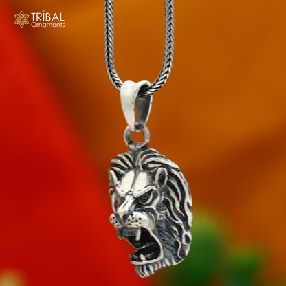925 sterling silver Lion King pendant with chain, tribal jewelry design featuring intricate tribal ornament details.