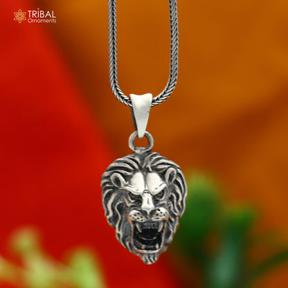 Sterling silver Lion King pendant with chain, tribal jewelry by TRIBAL ORNAMENTS, featuring intricate tribal design and craftsmanship.