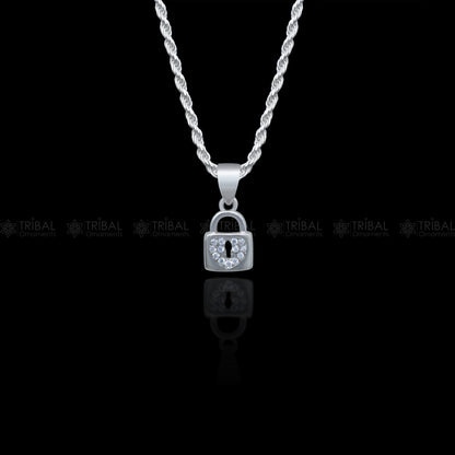 Sterling silver pendant with a lock shape featuring diamond cubic zirconia stones by Tribal Ornaments.