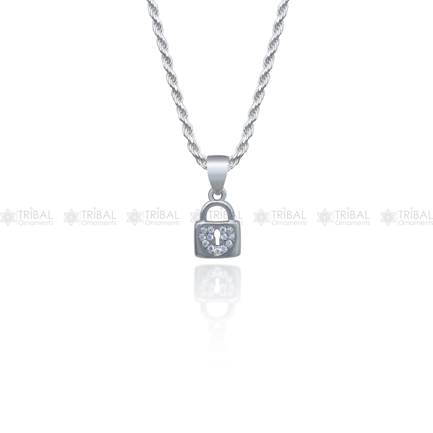 Sterling silver pendant with diamond cubic zirconia stone in a lock shape, from Tribal Ornaments, featuring intricate design details.
