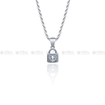 Sterling silver pendant with diamond cubic zirconia stone in a lock shape, from Tribal Ornaments, featuring intricate design details.