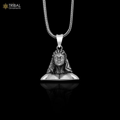925 sterling silver Lord Adiyogi Shiva pendant with chain, tribal jewelry design, detailed divine deity motif, by TRIBAL ORNAMENTS