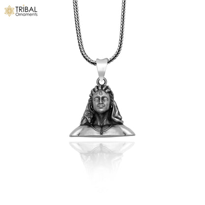 925 sterling silver Lord Adiyogi Shiva pendant with chain, tribal jewelry featuring intricate divine design by TRIBAL ORNAMENTS.