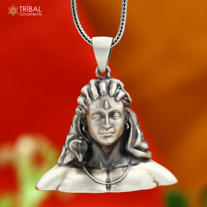 925 sterling silver Lord Adiyogi Shiva pendant with chain, tribal jewelry featuring detailed divine Hindu deity design.