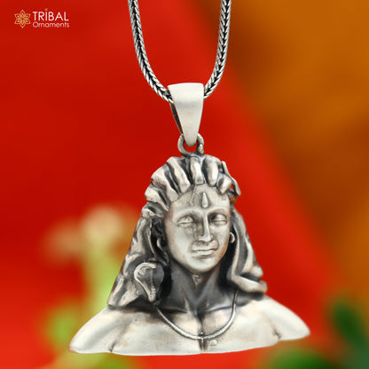 925 sterling silver Lord Adiyogi Shiva pendant with chain, tribal jewelry, detailed divine deity design, from TRIBAL ORNAMENTS.