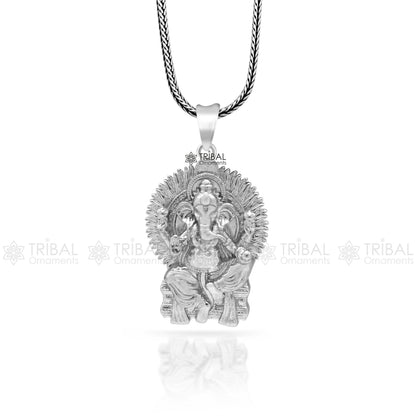 Unisex 925 sterling silver Lord Ganesha pendant with intricate tribal design, handmade jewelry from Tribal Ornaments.
