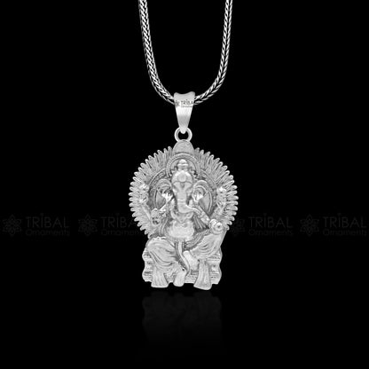 Unisex 925 sterling silver Lord Ganesha pendant necklace with intricate tribal design, handmade jewelry by TRIBAL ORNAMENTS.