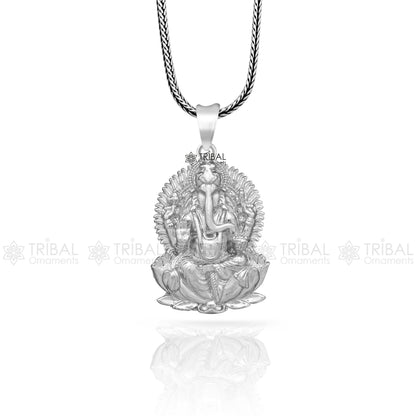 925 sterling silver Lord Ganesha kamalasan design pendant for unisex necklace, handcrafted tribal ornament jewelry.