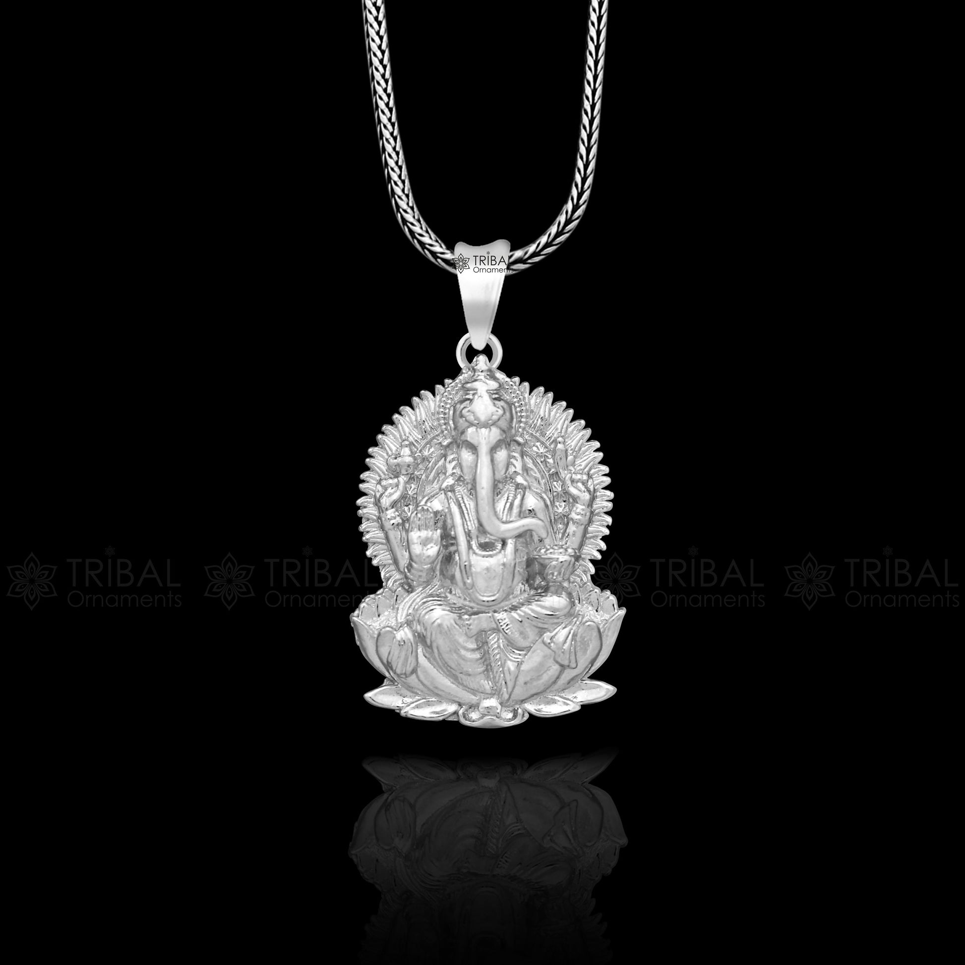 925 sterling silver Lord Ganesha pendant with kamalasan design, unisex handmade necklace from Tribal Ornaments.