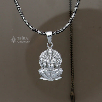 Sterling silver Lord Ganesha pendant with kamalasan design, handmade unisex jewelry from Tribal Ornaments.