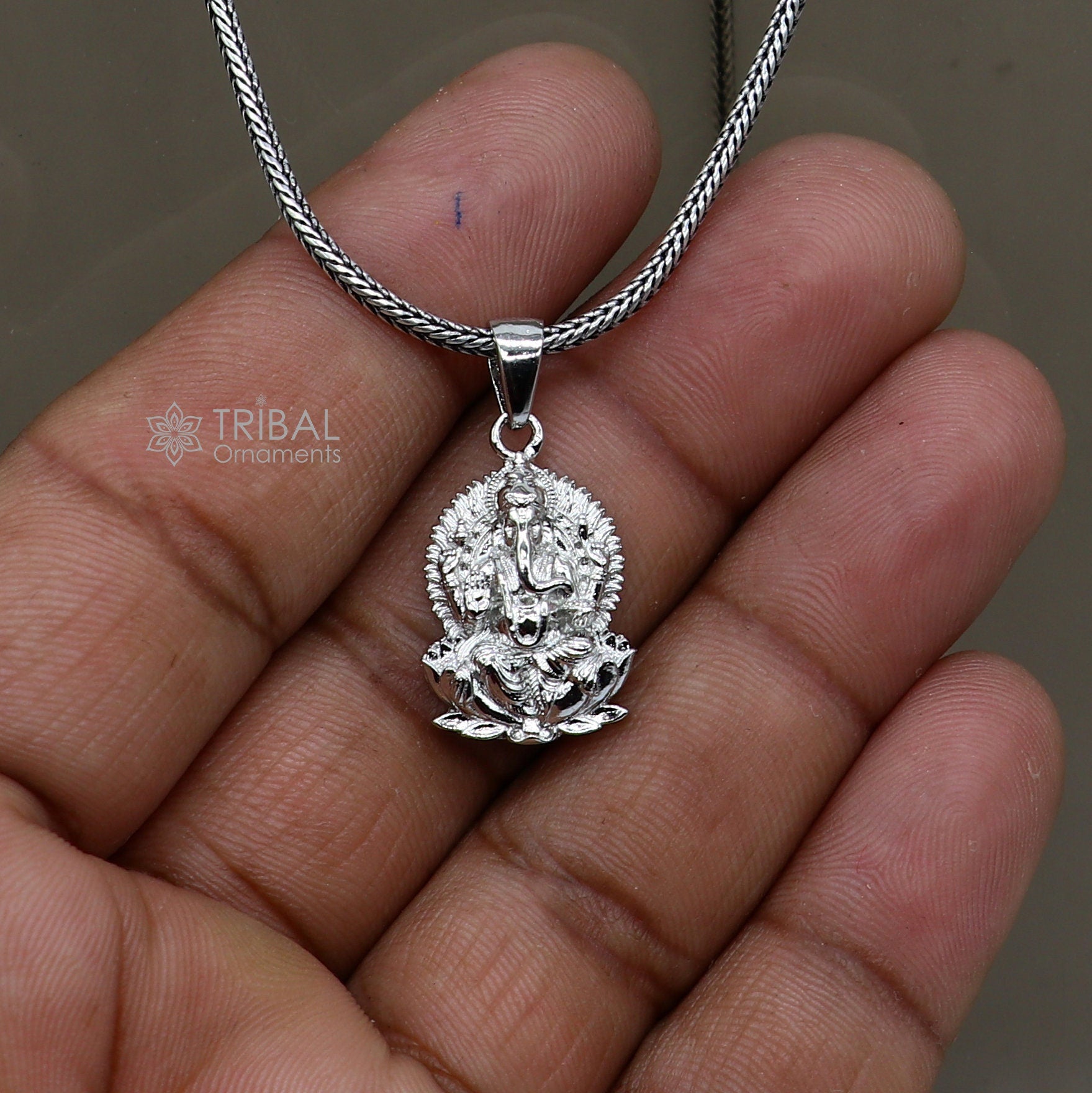 Sterling silver Lord Ganesha pendant with kamalasan design, unisex handmade necklace from Tribal Ornaments.