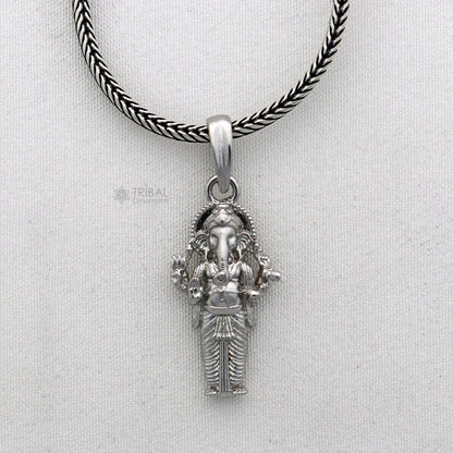 925 sterling silver Lord Ganesha pendant featuring a standing design, unisex jewelry, handmade tribal ornament necklace.
