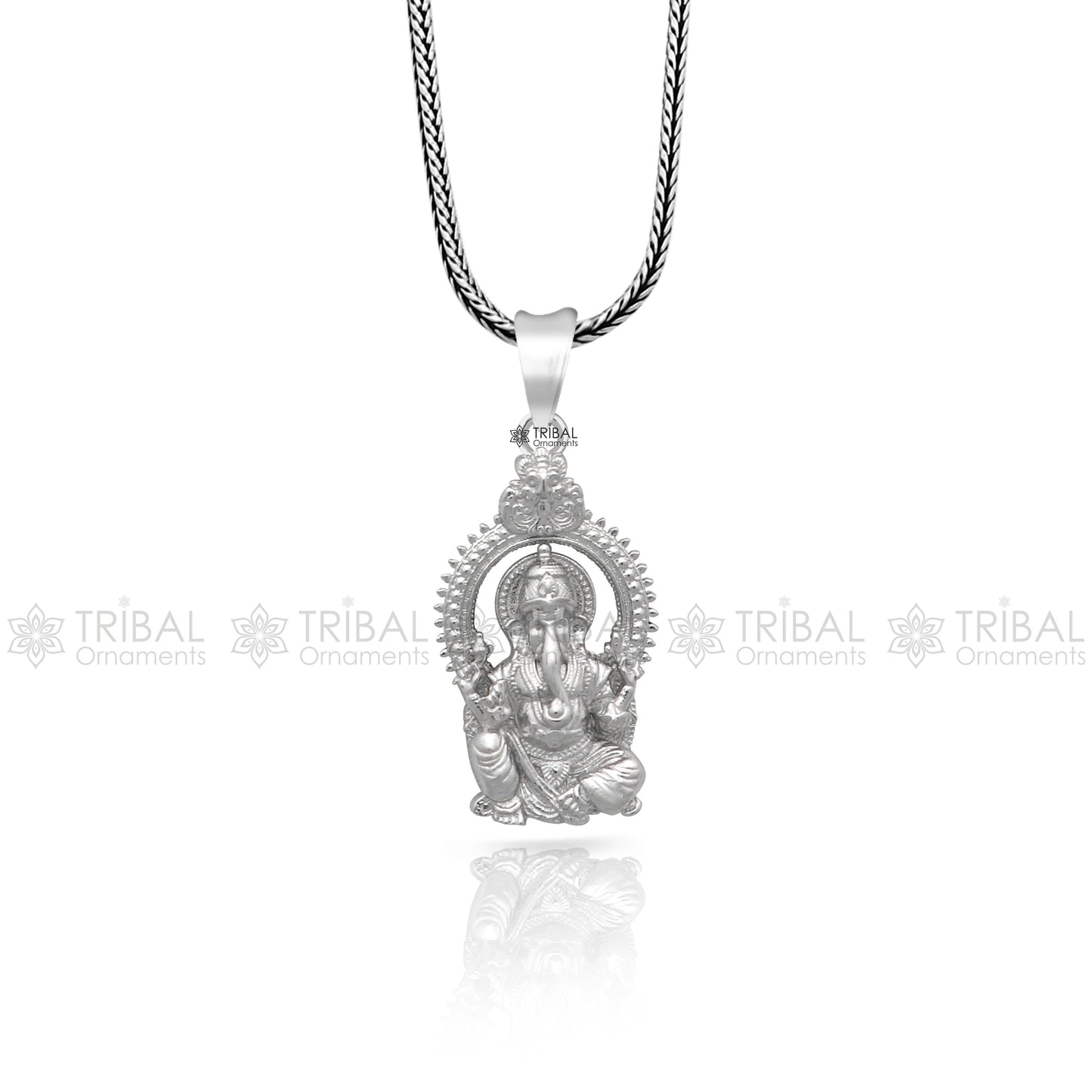Sterling silver Lord Ganesha standing pendant necklace, handmade unisex design by TRIBAL ORNAMENTS, intricate and unique style.