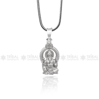 Sterling silver Lord Ganesha standing pendant necklace, handmade unisex design by TRIBAL ORNAMENTS, intricate and unique style.