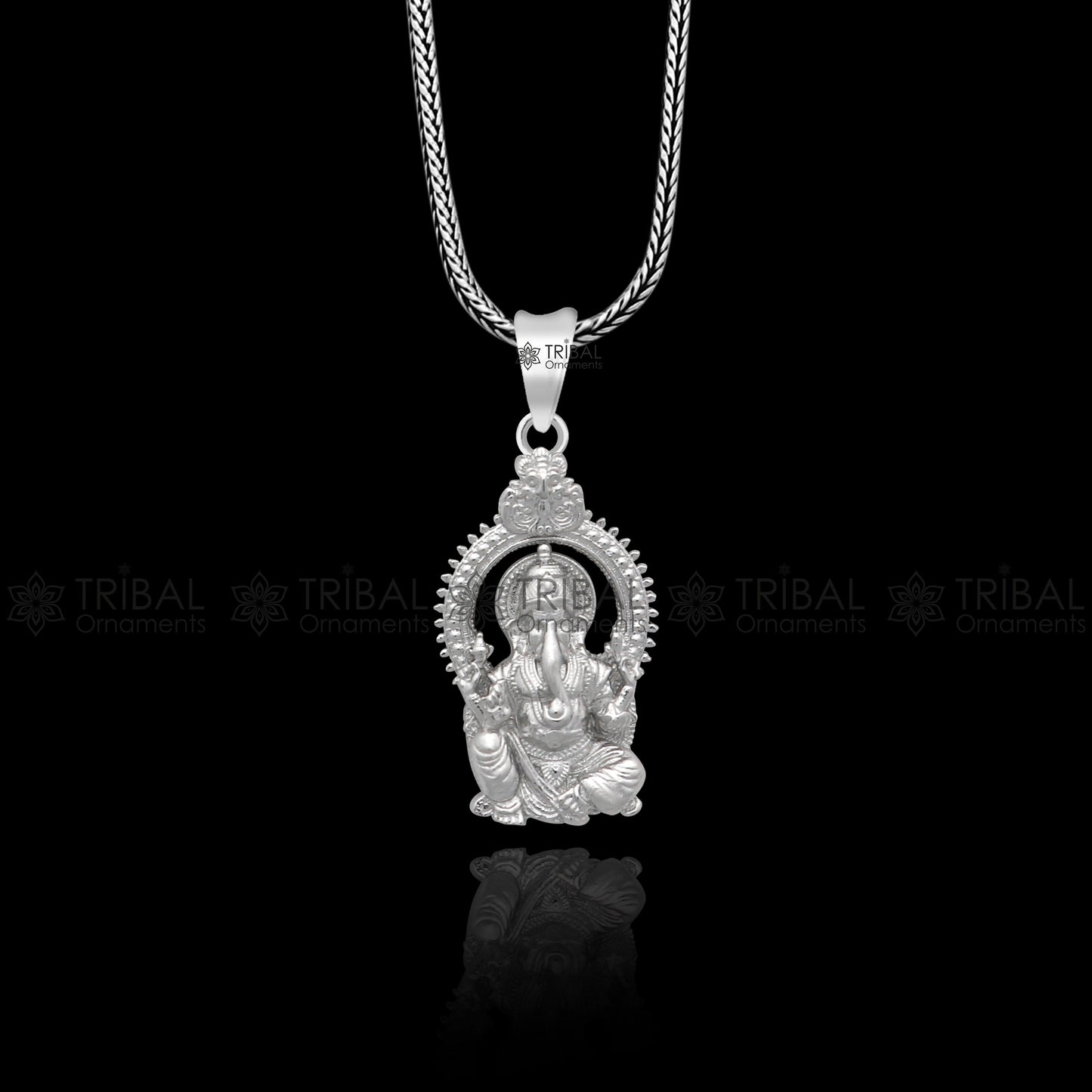 Sterling silver Lord Ganesha pendant necklace with standing design, handcrafted unisex jewelry by TRIBAL ORNAMENTS.