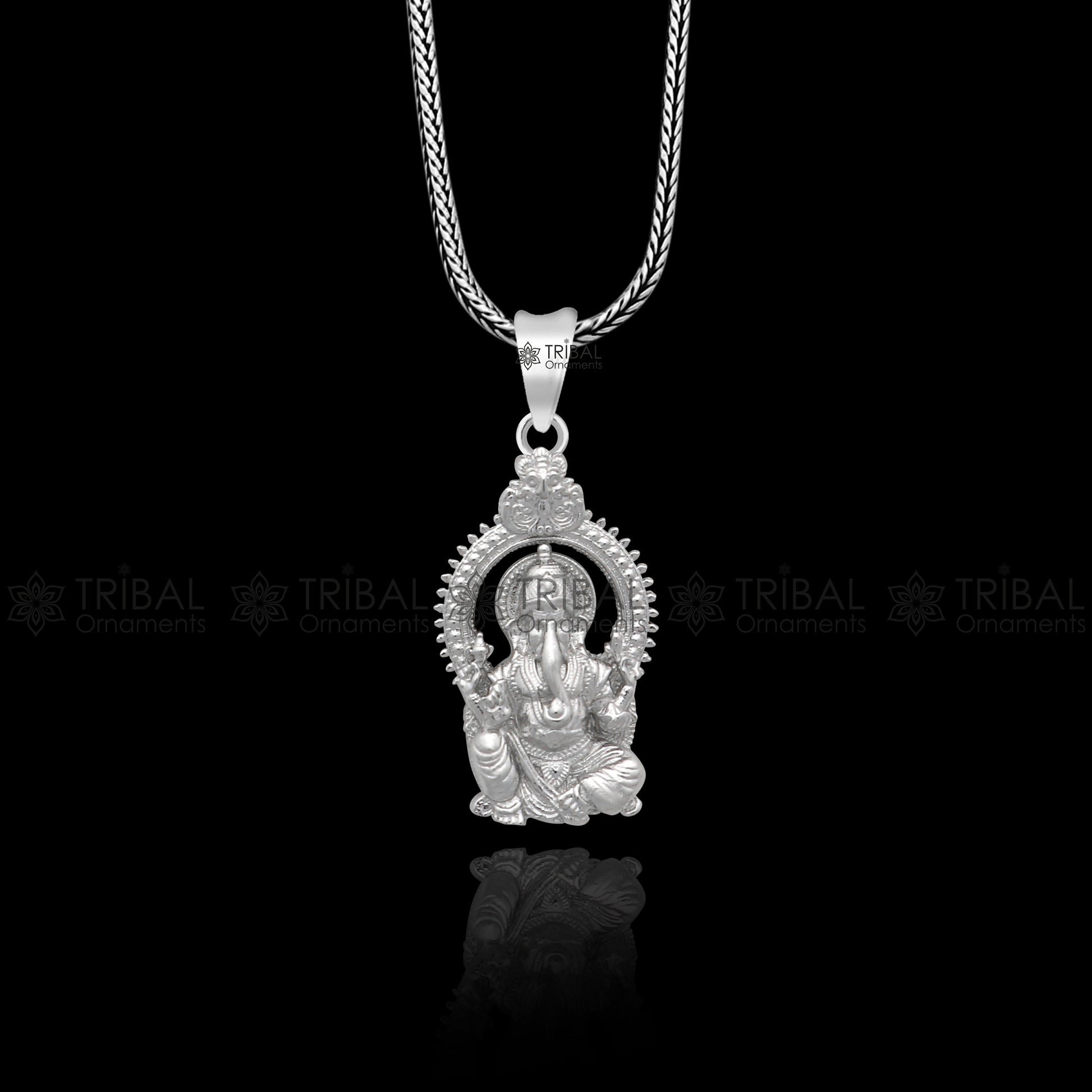Sterling silver Lord Ganesha pendant necklace with standing design, handcrafted unisex jewelry by TRIBAL ORNAMENTS.