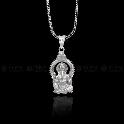 Sterling silver Lord Ganesha pendant necklace with standing design, handcrafted unisex jewelry by TRIBAL ORNAMENTS.