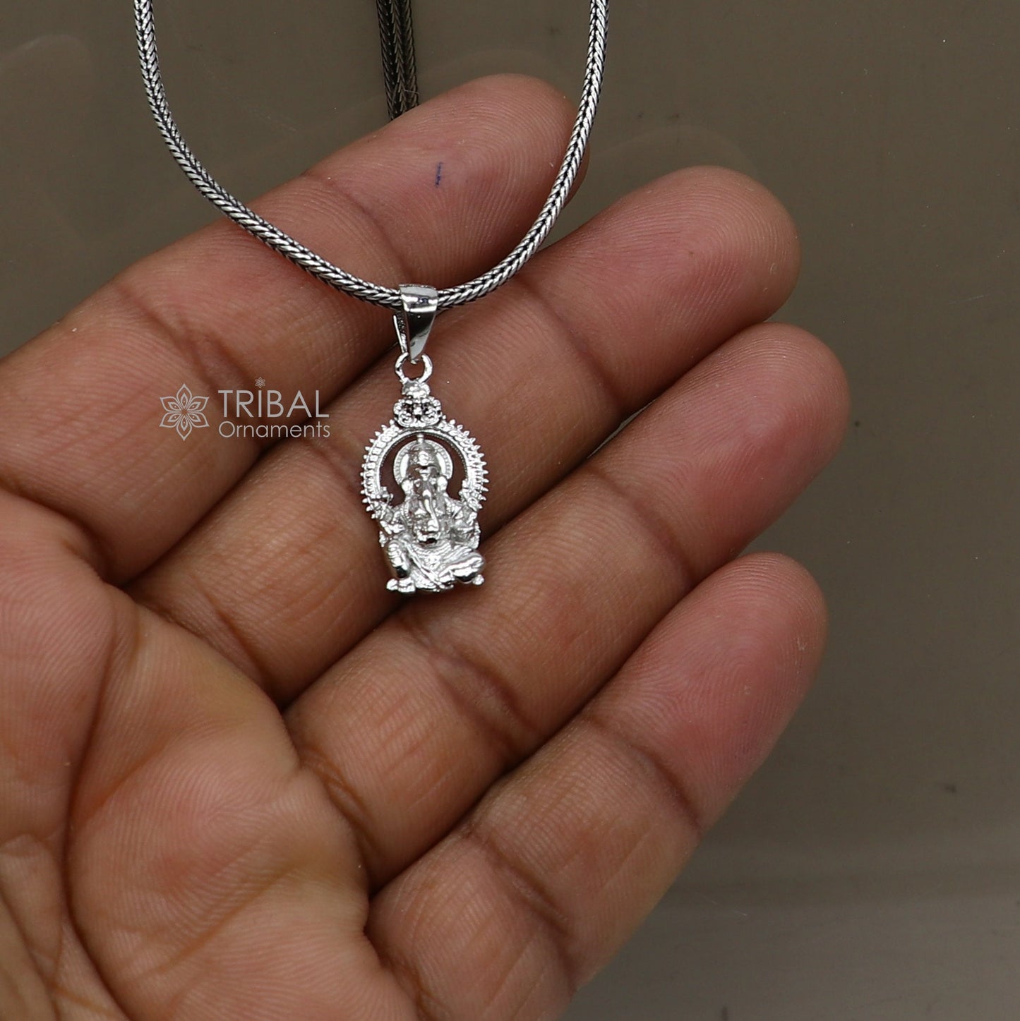 Sterling silver Lord Ganesha standing pendant necklace, handcrafted unisex design by TRIBAL ORNAMENTS.