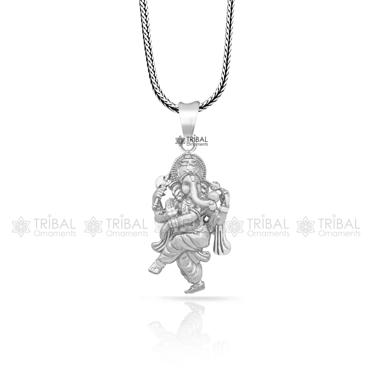 925 sterling silver Lord Ganesha dancing pendant, unisex jewelry with intricate tribal design, handmade necklace accessory.