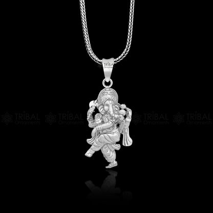 Sterling silver Lord Ganesha pendant with dancing design, unisex handmade jewelry by Tribal Ornaments.