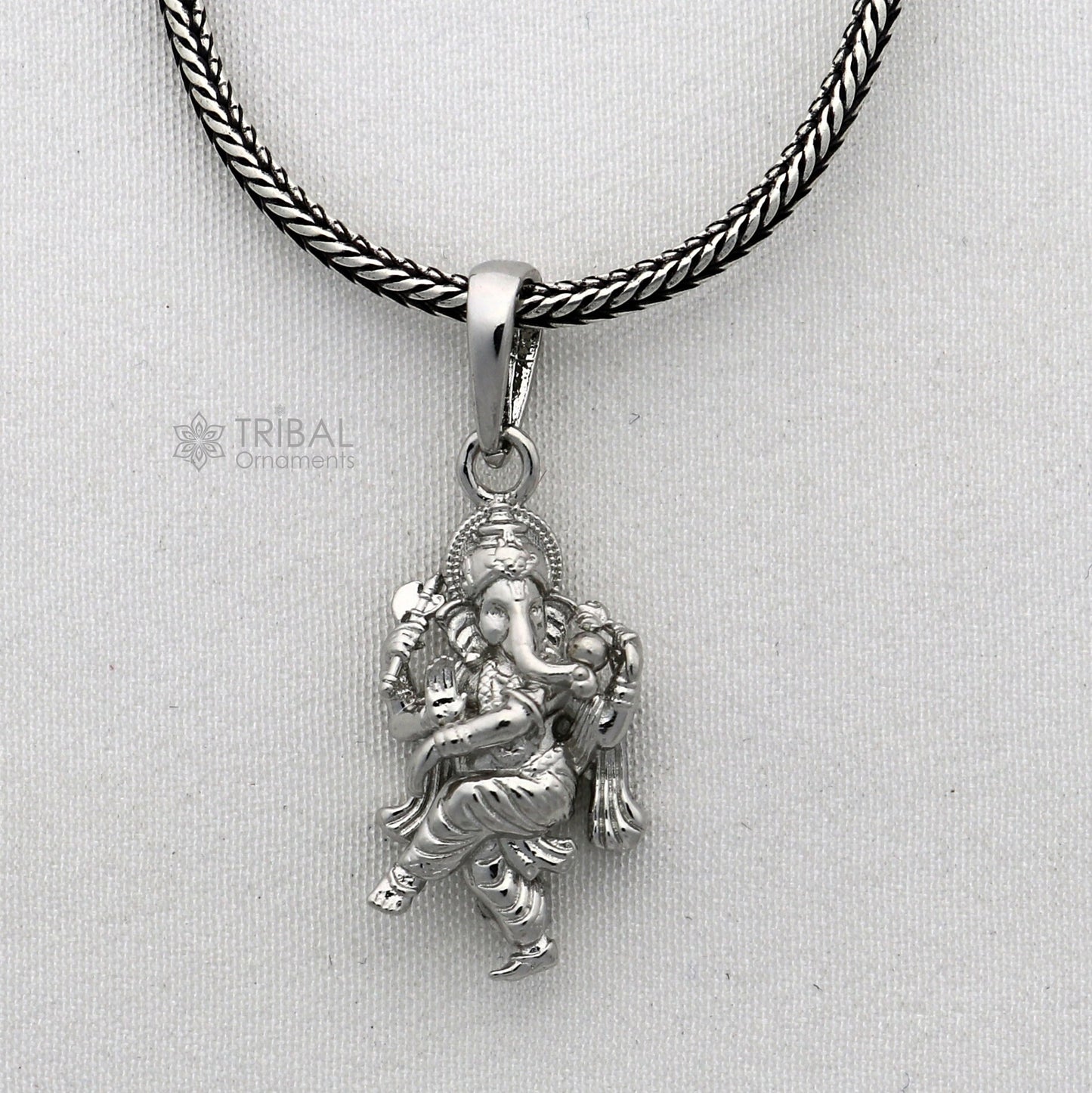 925 sterling silver Lord Ganesha dancing pendant for unisex jewelry, featuring intricate tribal design and handmade craftsmanship.