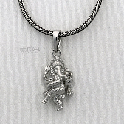 925 sterling silver Lord Ganesha dancing pendant for unisex jewelry, featuring intricate tribal design and handmade craftsmanship.