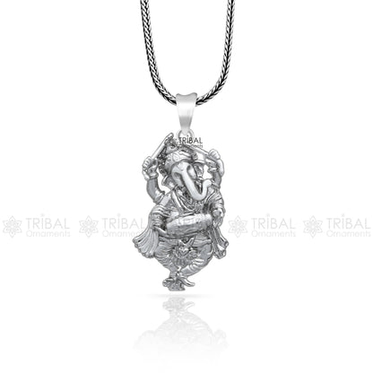 925 silver Lord Ganesha pendant with a dancing design, unisex handmade jewelry by TRIBAL ORNAMENTS, perfect for gifting.