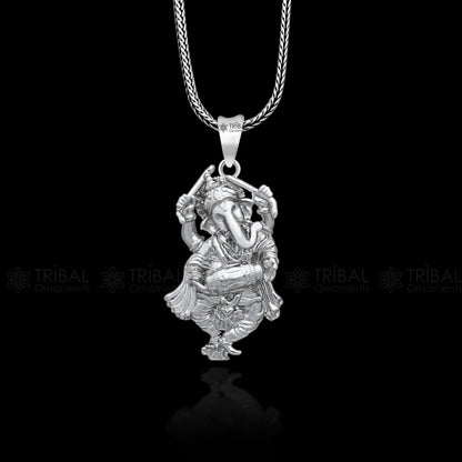 925 sterling silver Lord Ganesha dancing pendant, unisex jewelry with intricate handmade design, perfect for spiritual style.