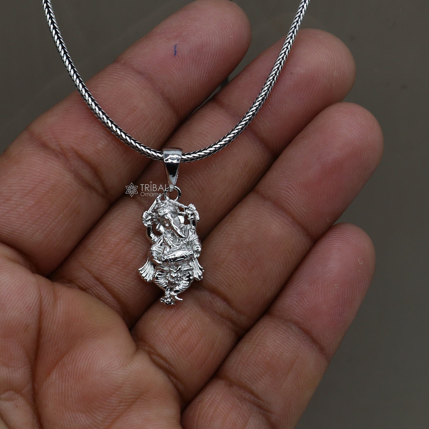 Sterling silver Lord Ganesha dancing pendant, unisex tribal jewelry, intricate handmade design for necklace or gift.