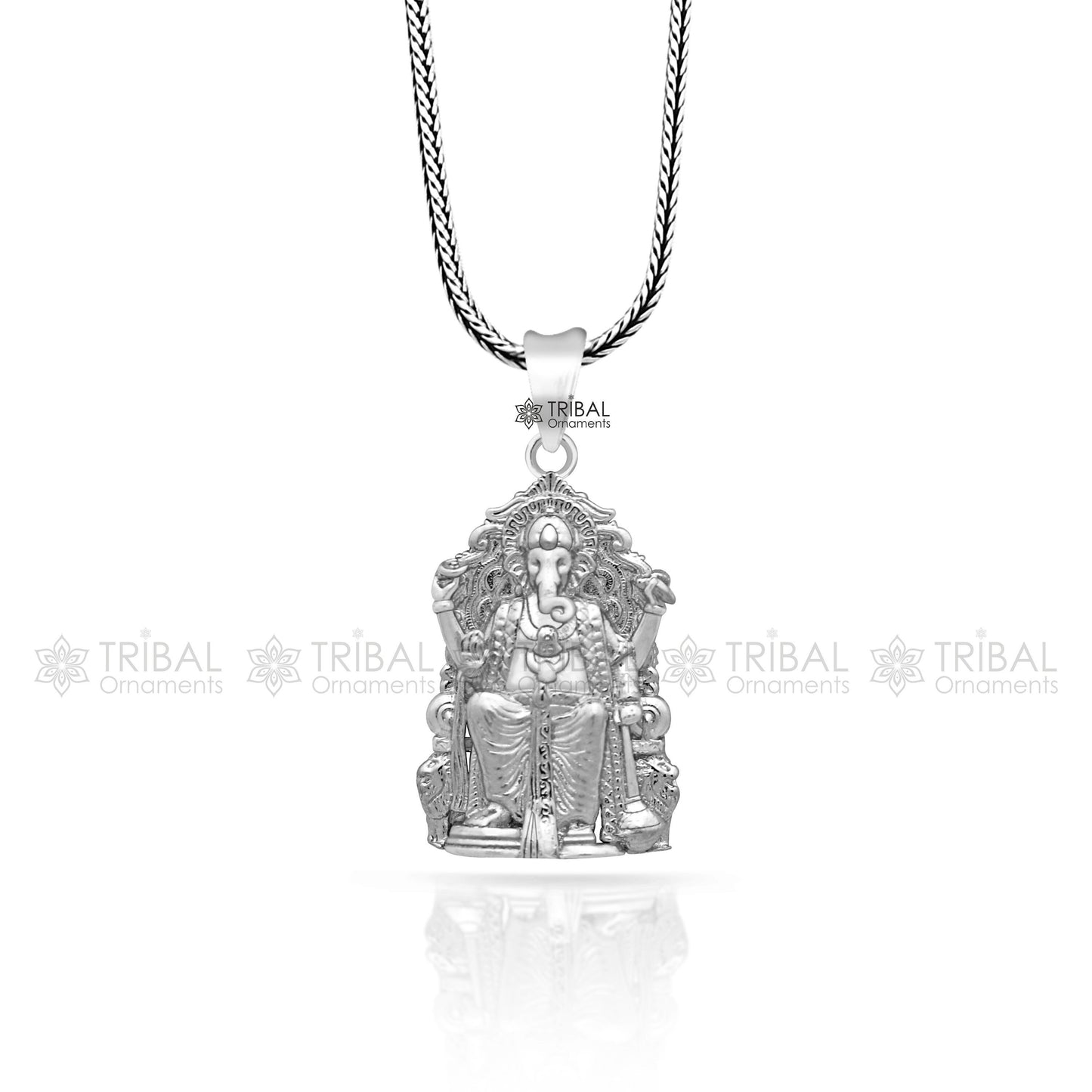 925 sterling silver Lord Ganesha pendant by TRIBAL ORNAMENTS, unisex jewelry with intricate handmade design, suitable for necklaces.