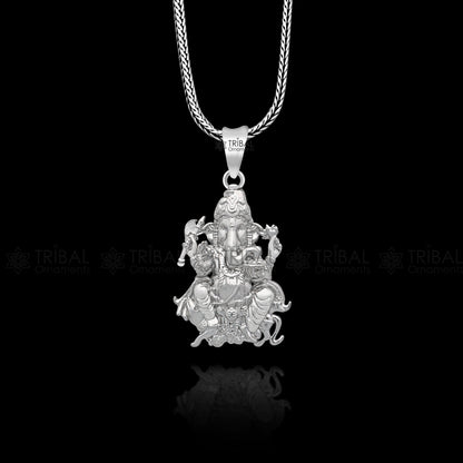 Unisex 925 sterling silver Lord Ganesha pendant with intricate tribal design, handmade jewelry by TRIBAL ORNAMENTS.