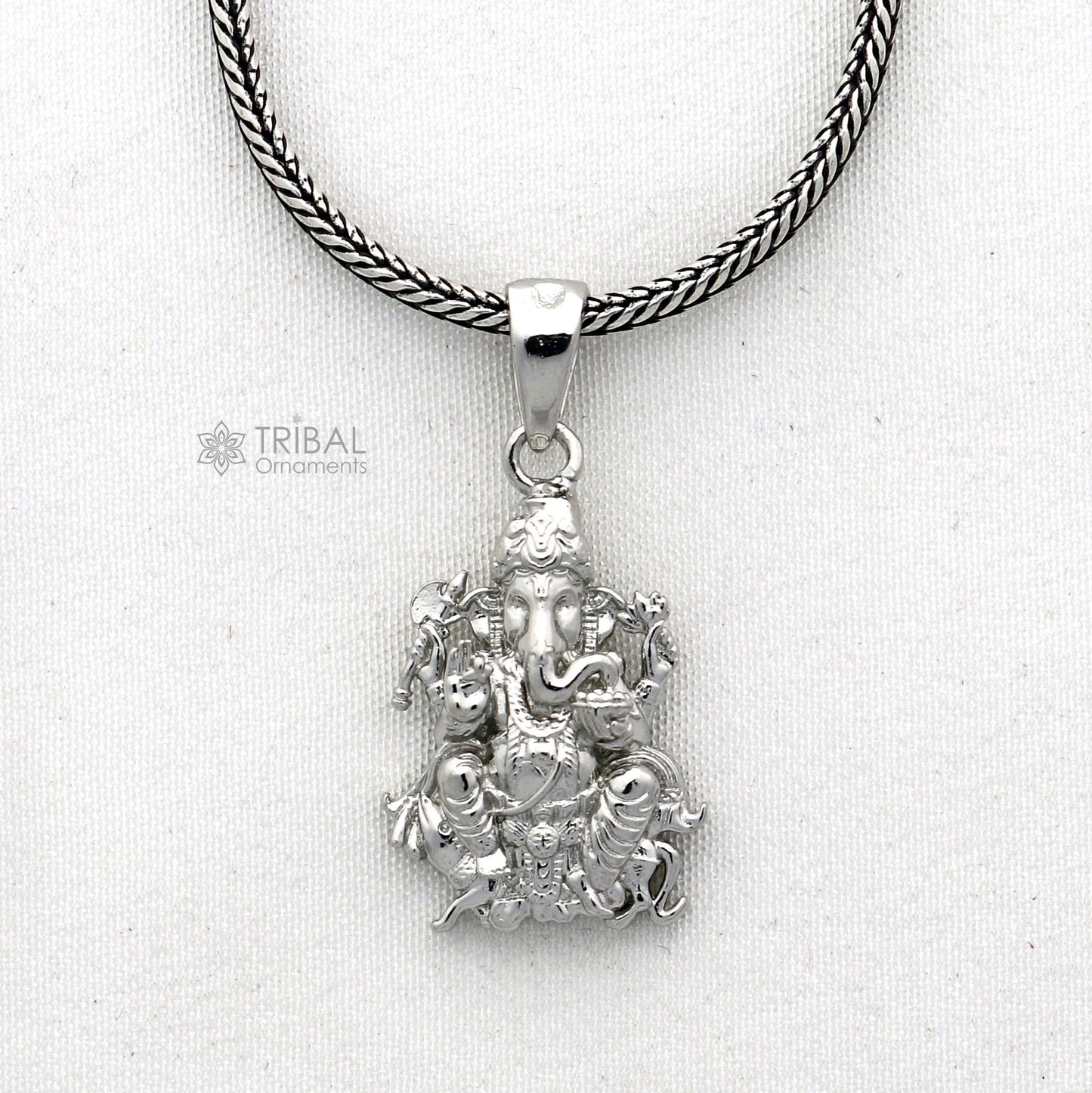 Sterling silver Lord Ganesha pendant, unisex jewelry by Tribal Ornaments, showcasing a detailed handmade design for necklaces.