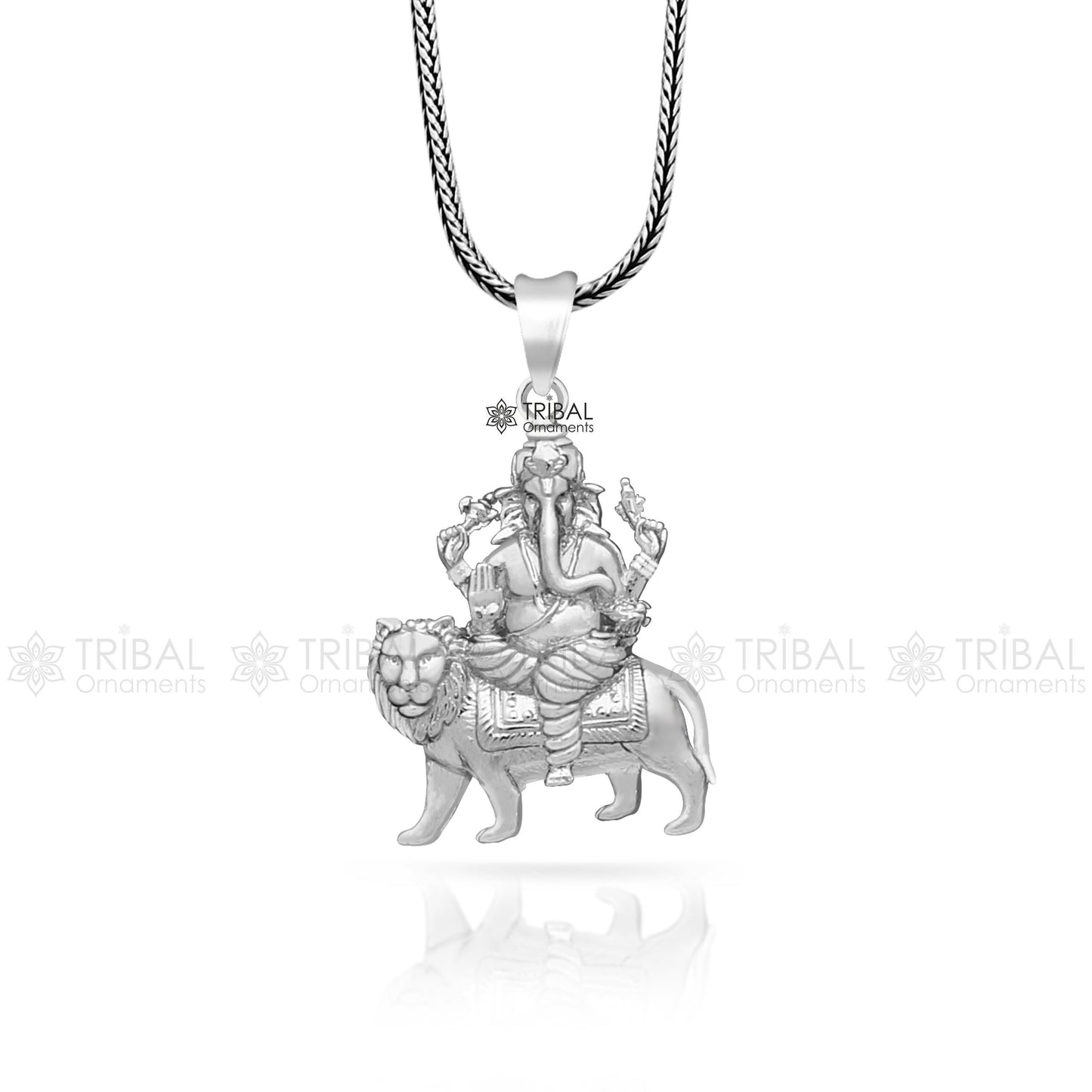 Sterling silver Lord Ganesha pendant with lion design from Tribal Ornaments, unisex handmade jewelry for spiritual or stylish wear.