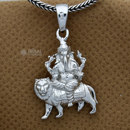 925 Sterling Silver Lord Ganesha pendant with lion design, unisex tribal jewelry, handcrafted necklace by TRIBAL ORNAMENTS.