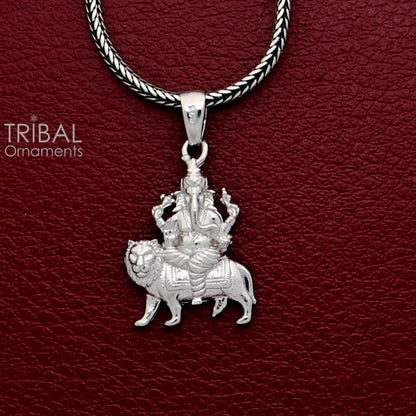 Sterling silver Lord Ganesha pendant with lion design from TRIBAL ORNAMENTS, unisex handmade jewelry, detailed and unique.