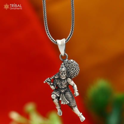 925 sterling silver Lord Hanuman Ji pendant with chain, tribal jewelry style, detailed divine figure for spiritual adornment