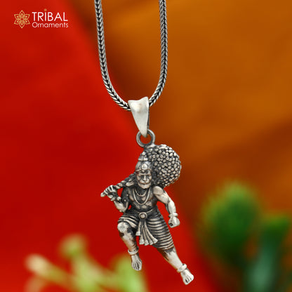 925 sterling silver Lord Hanuman Ji pendant with chain, tribal jewelry featuring intricate tribal ornament design.