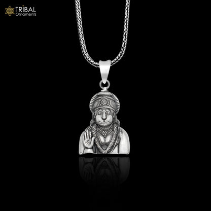 925 sterling silver Lord Hanuman Ji pendant with chain, tribal jewelry featuring divine Hindu deity design.